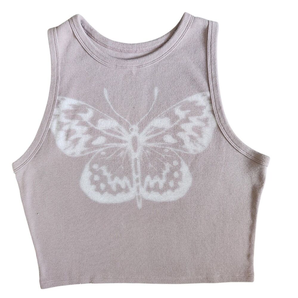 Hollister Butterfly Ribbed Crop VSCO Top XL Muted Mauve Boho Y2K Indie Festival